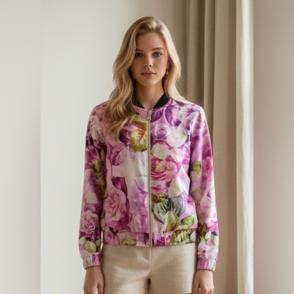 IMNYC Women Bomber Jacket Flowers Coat Zipper Size XS